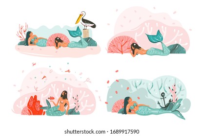 Hand drawn vector abstract cartoon graphic illustrations posters collection set bundle,with coral reefs,pelican bird and beauty mermaids girls characters relaxing on beach isolated on white background