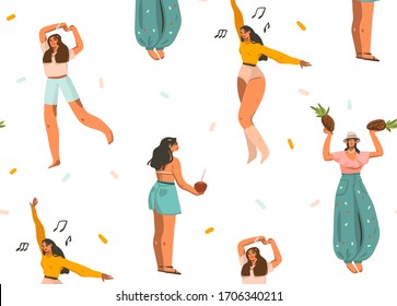 Hand drawn vector abstract cartoon summer time graphic illustrations artistic seamless pattern with relaxing young smiling females have fun isolated on white background