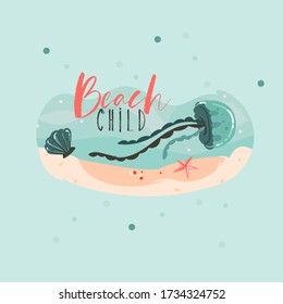 Hand drawn vector abstract cartoon summer time cards set template with underwater jellyfish and typography quote isolated on blue background