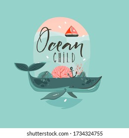 Hand drawn vector abstract cartoon summer time cards set template with whales in blue ocean water and typography quote isolated on blue background