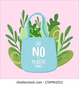 Hand drawn vector abstract cartoon modern graphic illustrations art card with No plastic bag and eco bag text concept isolated
