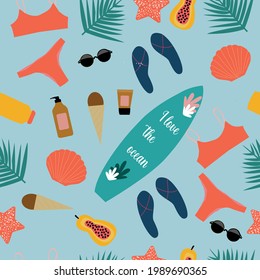 Hand drawn vector abstract cartoon summer time. Fun illustration seamless pattern with palm leaves, orange juice, flip flops, swimsuit, surfboard, sunglasses, papaya, chocolate ice cream, sunscreen.
