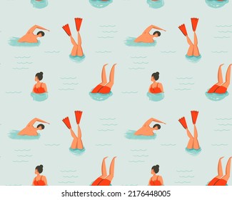 Hand drawn vector abstract cartoon summer time fun illustration seamless pattern with swimming people isolated on white background.