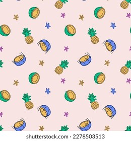 Hand drawn vector abstract cartoon summer time. Fun illustration seamless pattern with palm leaves, flowers, coconut, and pineapple.