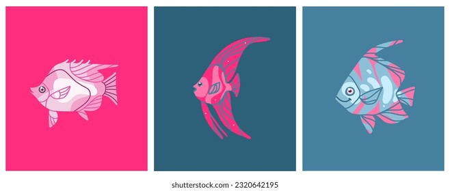 Hand drawn vector abstract cartoon marine underwater animals set of cute color fishes. Fish characters concept for funny kids design. Flat cartoon sea fish vector design isolated on color background.