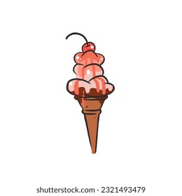 Hand drawn vector abstract cartoon ice creram cone ,sundae line art illustration .Ice cream dessert vector illustration design concept. Sweed food ,ice dessert cute doodle illustration isolated.