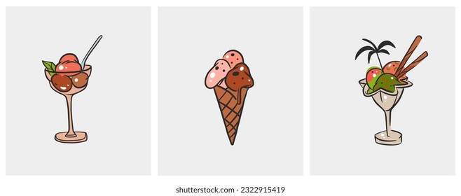 Hand drawn vector abstract cartoon ice creram cone ,sundae line art illustration set .Ice cream dessert vector illustration design concept. Sweed gelato,ice dessert cute doodle illustration isolated.