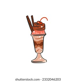 Hand drawn vector abstract cartoon ice creram glass cup ,sundae line art illustration .Ice cream dessert vector illustration design concept. Sweed food ,ice dessert cute doodle illustration isolated.