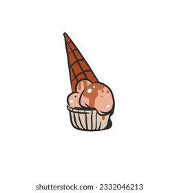 Hand drawn vector abstract cartoon ice creram waffle cone,sundae line art illustration .Ice cream dessert vector illustration design concept.Sweed food ,ice dessert cute doodle illustration isolated.