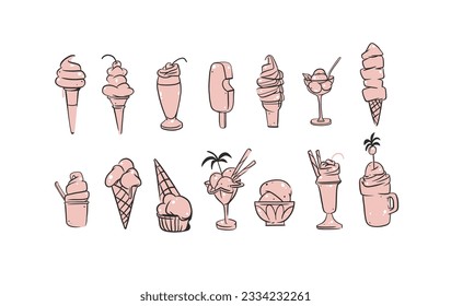 Hand drawn vector abstract cartoon ice creram cone,sundae line art illustration set.Ice cream dessert vector illustration design concept. Sweed food ,ice dessert cute doodle illustration isolated.