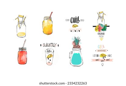 Hand drawn vector abstract cartoon lemonade and smoothie fruits sketch art illustration label set.Lemonade glass vector illustration design concept. Fruit lemonade natural illustration label isolated.