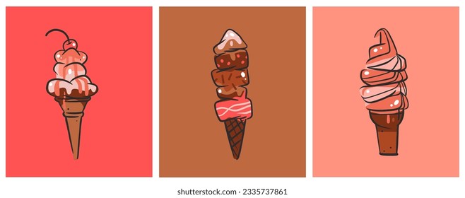 Dibujo manual vectorial de dibujos abstractos de dibujos animados helados cone ,sundae línea de ilustración conjunto .Ice crema de postre concepto de diseño de ilustración vectorial. Gelato dulce, postre helado lindo doodle ilustrado aislado.