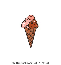 Hand drawn vector abstract cartoon ice creram waffle cone,sundae line art illustration .Ice cream dessert vector illustration design concept.Sweed food ,ice dessert cute doodle illustration isolated.