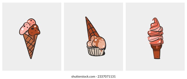 Hand drawn vector abstract cartoon ice creram cone,sundae line art illustration set.Ice cream dessert vector illustration design concept set.Sweed gelato,ice dessert cute doodle illustration isolated.