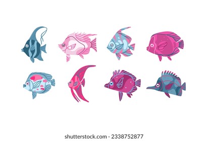 Hand drawn vector abstract cartoon marine underwater set of cute ocean color fishes. Fish characters concept for funny kids design. Flat cartoon sea fish vector design isolated on color background.