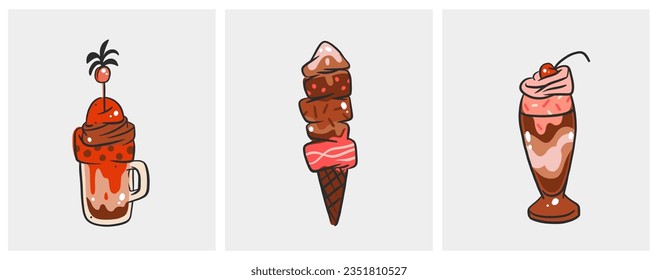 Hand drawn vector abstract cartoon ice creram cone,sundae line art illustration set.Ice cream dessert vector illustration design concept set.Sweed gelato,ice dessert cute doodle illustration isolated.
