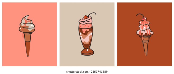 Dibujo manual del vector de dibujos abstractos de dibujos animados sobre el cono de helado, conjunto de ilustraciones de arte de la línea sundae.Conjunto de diseño de ilustraciones vectoriales de helados.Gelato dulce,helado de postre lindo doodle ilustración aislado.
