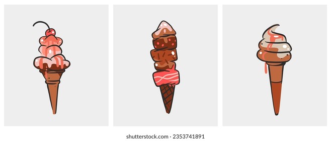 Hand drawn vector abstract cartoon ice creram cone,sundae line art illustration set.Ice cream dessert vector illustration design concept set.Sweed gelato,ice dessert cute doodle illustration isolated.