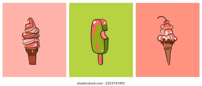 Hand drawn vector abstract cartoon ice creram cone,sundae line art illustration set.Ice cream dessert vector illustration design concept set.Sweed gelato,ice dessert cute doodle illustration isolated.