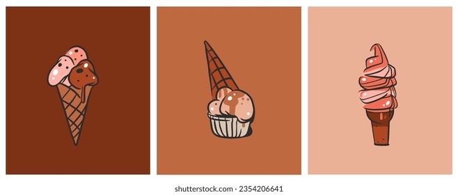 Hand drawn vector abstract cartoon ice creram cone,sundae line art illustration set.Ice cream dessert vector illustration design concept set.Sweed gelato,ice dessert cute doodle illustration isolated.
