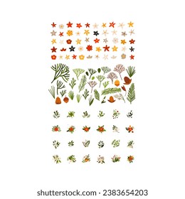 Hand drawn vector abstract cartoon Merry Christmas and Happy new year clipart illustrations elements set with flower,leaves and pine branch.Merry Christmas cute design.Winter holiday decoration.