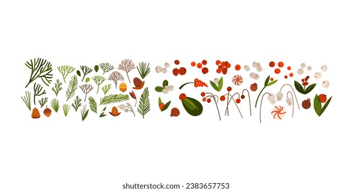Hand drawn vector abstract cartoon Merry Christmas and Happy new year clipart illustrations elements set with flower,leaves and pine branch.Merry Christmas cute design.Winter holiday decoration.