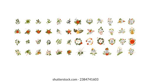 Hand drawn vector abstract cartoon Merry Christmas and Happy new year clipart illustrations elements set with flower,leaves and pine branch.Merry Christmas cute design.Winter holiday decoration.