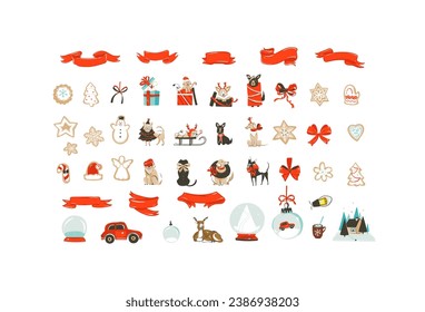 Hand drawn vector abstract cartoon Merry Christmas and Happy new year clipart illustration elements set with dogs,gingerbread cookies and ribbons.Merry Christmas cute design.Winter holiday decoration.