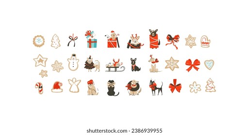 Hand drawn vector abstract cartoon Merry Christmas and Happy new year clipart illustrations elements set with dogs and gingerbread cookies.Merry Christmas cute design.Winter holiday decoration.