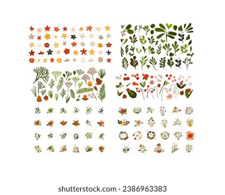 Hand drawn vector abstract cartoon Merry Christmas and Happy new year clipart illustrations elements set with flower,leaves and pine branch.Merry Christmas cute design.Winter holiday decoration.