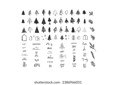 Hand drawn vector abstract cartoon Merry Christmas and Happy new year black illustrations elements set with xmas tree,lettering and pine branch.Merry Christmas cute design.Winter holiday decoration.