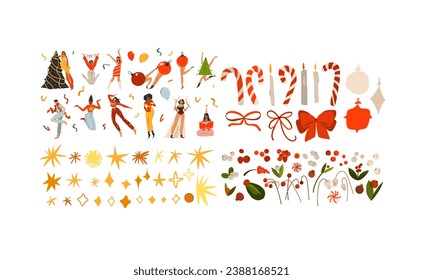 Hand drawn vector abstract cartoon Merry Christmas and Happy new year clipart illustrations elements set with flower,leaves and people characters.Merry Christmas cute design.Winter holiday decoration.