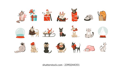 Dibujo manual de dibujos abstractos de vectores de dibujos animados de diverso tipo Merry Christmas and Happy new year ilustraciones de los elementos de los clipart con personajes de perros y gatos mascotas.Feliz diseño lindo de Navidad.Concepto de decoración de vacaciones de invierno.