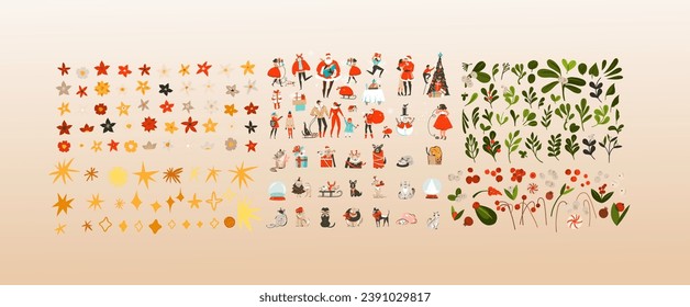 Hand drawn vector abstract cartoon Merry Christmas and Happy new year clipart illustrations elements set with animal,leaves and people characters.Merry Christmas cute design.Winter holiday decoration.