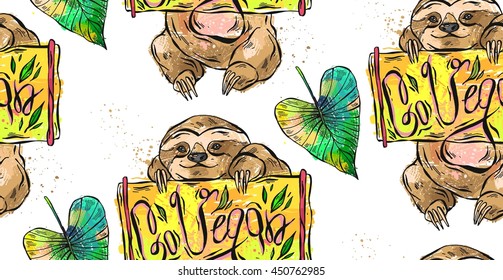 Hand drawn vector abstract cartoon pattern of happy sloth who holds wooden board in his hands with Go Vegan phase.Healthy motivation illustration for organic vegan market,store,farm.Sign design.