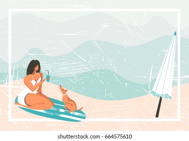 Hand drawn vector abstract cartoon summer time fun retro vintage background with girl ,surf board,dog and umbrella on sand shore.