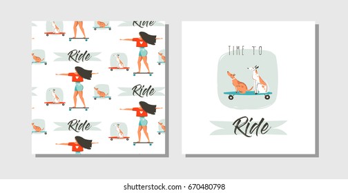 Hand drawn vector abstract cartoon summer time fun cards set collection with young girl on skateboard and dogs on long boards with modern typography Time to Ride isolated on white background.