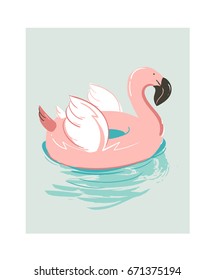 Hand drawn vector abstract cartoon summer time fun illustration with pink flamingo buoy float circle isolated on blue background.