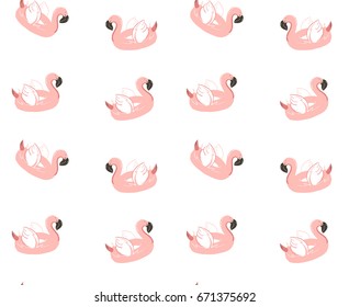 Hand drawn vector abstract cartoon summer time fun pop illustration seamless pattern with pink flamingo buoy float circle isolated on white background.