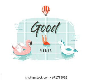 Hand drawn vector abstract cartoon summer time fun illustration with pink flamingo and unicorn buoy ring in swimming pool and modern typography quote Good vibes isolated on white background.