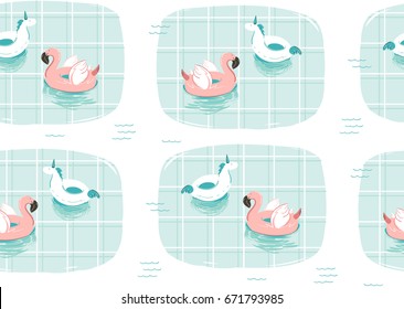 Hand drawn vector abstract cartoon summer time fun illustration with pink flamingo and unicorn buoy ring in blue swimming pool texture isolated on white background.