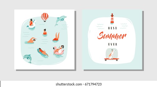 Hand drawn vector abstract cartoon summer time fun cards collection set template with happy swimming people in blue ocean water,dog on skateboard and typography quote Best Summer ever isolated