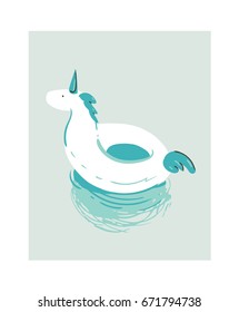 Hand drawn vector abstract cartoon summer time fun illustration with white unicorn swimming pool buoy float circle isolated on blue background.