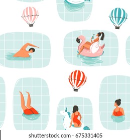 Hand drawn vector abstract cartoon summer time fun illustration seamless pattern with swimming people in swimming pool with hot air balloons isolated on white background.