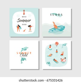 Hand drawn vector abstract cartoon summer time fun cards collection set template with happy swimming people in blue ocean water,dog on skateboard and typography quote isolated on white background.