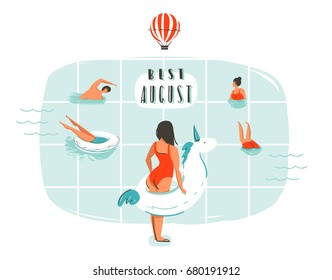 Hand drawn vector abstract cartoon summer time fun illustration with happy family in swimming pool and modern typography quote Best august isolated on white background.