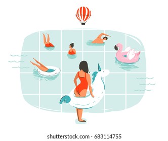 Hand drawn vector abstract cartoon summer time fun illustration with swimming people in swimming pool with hot air balloons isolated on white background.