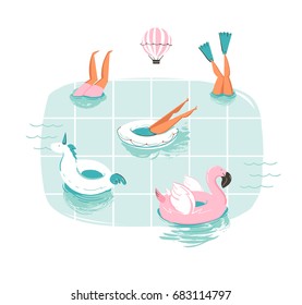 Hand drawn vector abstract cartoon summer time fun cartoon illustration with swimming people in swimming pool with hot air balloons isolated on white background.
