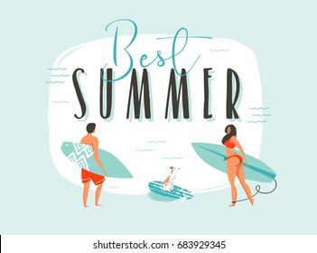 Hand drawn vector abstract cartoon summer time fun illustration with happy surfers family with long boards and modern typography quote Best Summer isolated on white background.