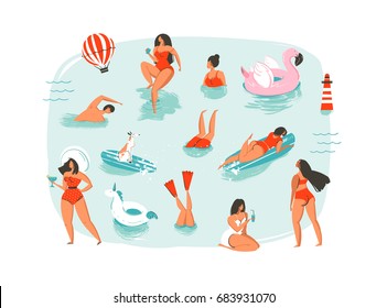 Hand drawn vector abstract cartoon summer time fun swimming people group collection illustrations set isolated on blue ocean waves